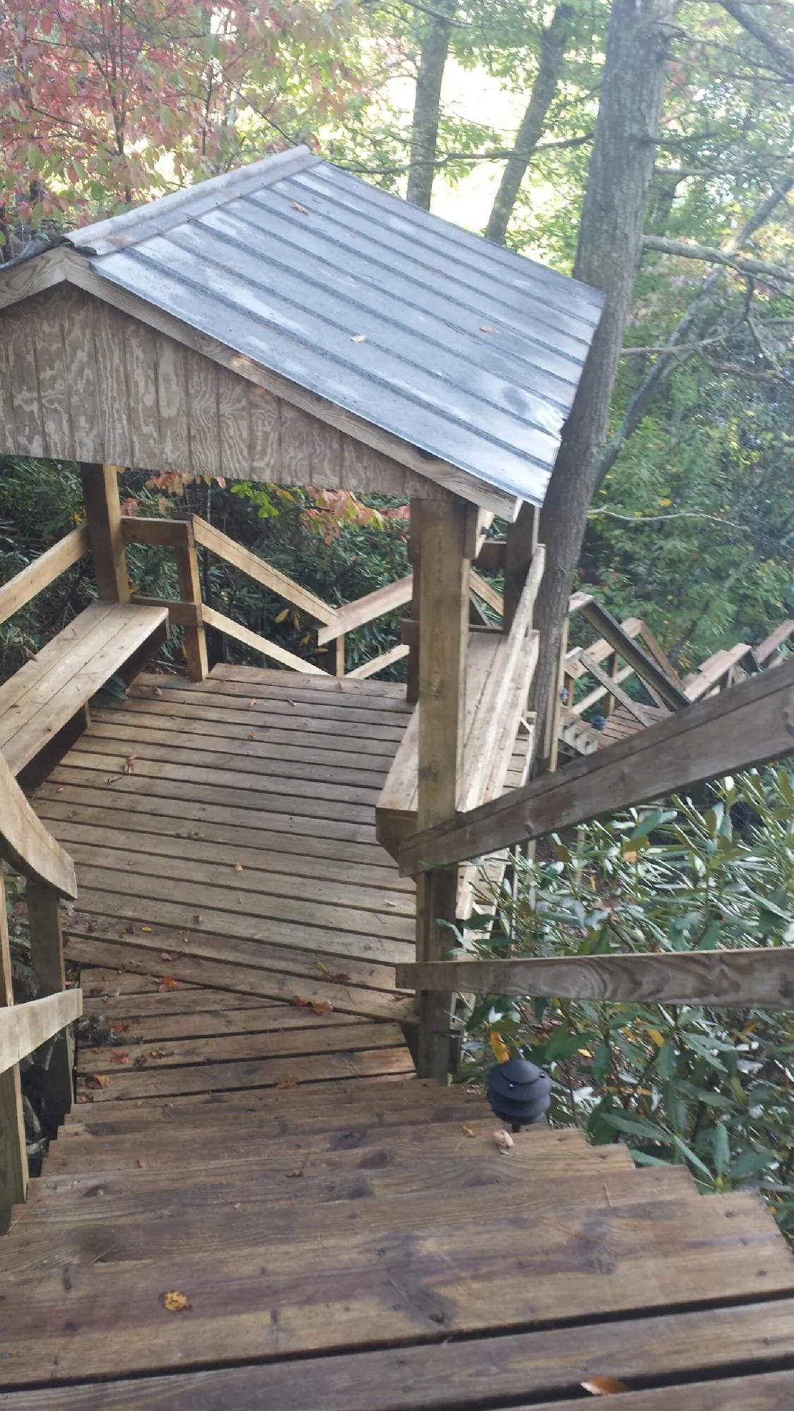 Metal roofed shelter over wooden steps on a wooded walkway — Skylight Repair & Installation work by our crew in Mc Intosh